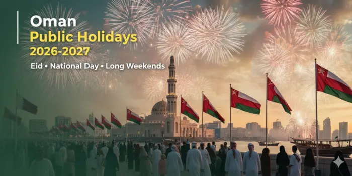 Official Oman public holidays 2026 calendar featuring Muscat skyline and Sultan Qaboos Grand Mosque.