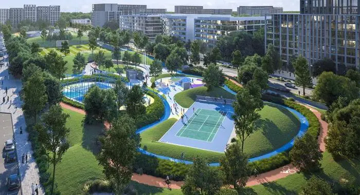 Aljada Park Sharjah showing playground, jogging track, and green open space for families