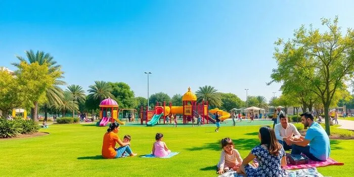 Scenic view of the best parks in Sharjah with green lawns, walking paths, and family areas
