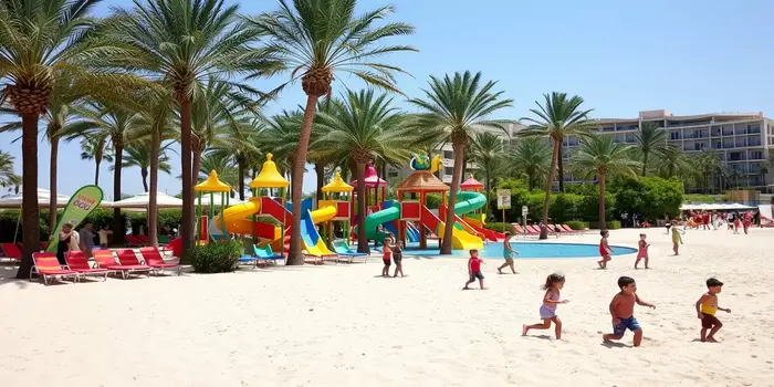 Family enjoying a sunny day at a kid‑friendly beach in Dubai with sand, sea, and playground activities