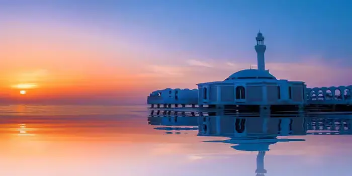 Al Rahma Floating Mosque in Jeddah surrounded by Red Sea, iconic waterfront landmark