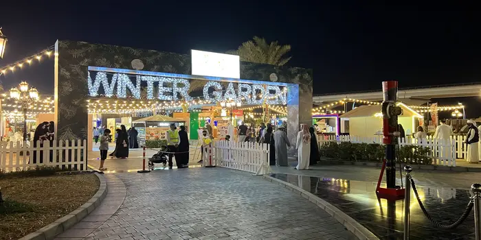 Winter Garden Dubai at Festival City with festive lights, food stalls, and winter evening atmosphere