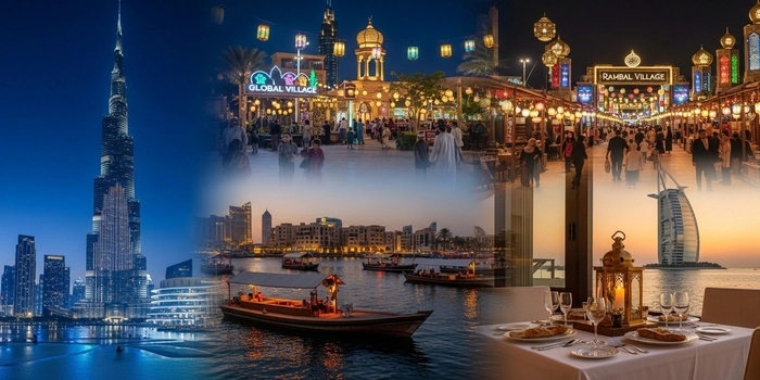 A beautiful view of Dubai skyline with traditional Ramadan lanterns and outdoor Iftar setting for Ramadan