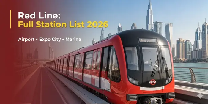 Dubai Metro Red Line full station list 2026 featured image showing a red train with Burj Khalifa and Dubai skyline background.